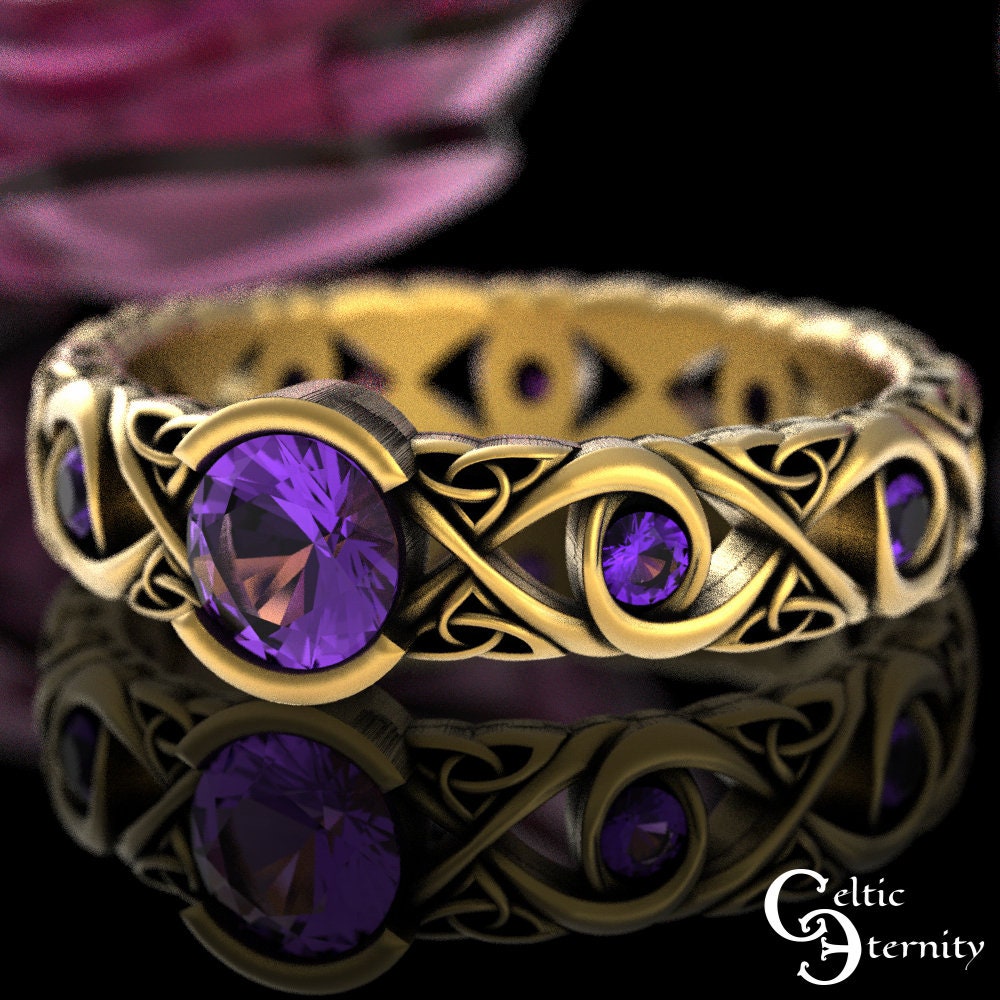 Amethyst Engagement Ring, Gold Celtic Wedding White Infinity Unique 1741