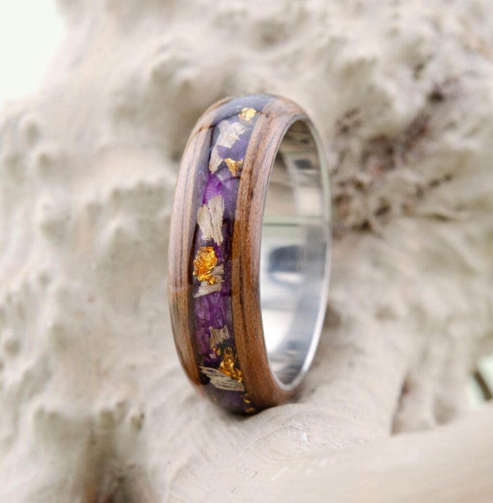 American Walnut Titanium Men Wedding Band With Purple Iris, Rings Ring Iris