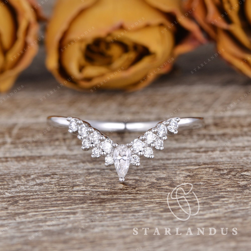 Custom Wedding Band Moissanite Ring Cluster Diamond Guard Curved Chevron Matching Women Enhancer