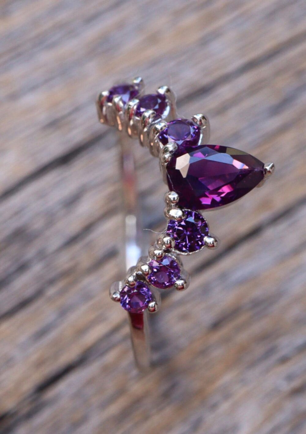 Amethyst Curve Wedding Sterling Silver Band - Purple Enhancer Guard Rose Dark V Chevron Half Circle Gold Plated Band