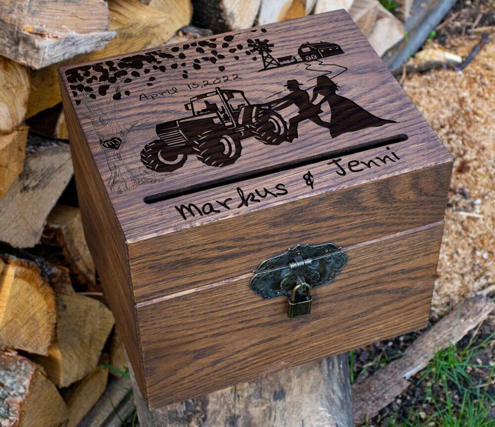 Rustic Oak Wood Wedding Card Box - Engraved Tractor, Country Theme 470.1