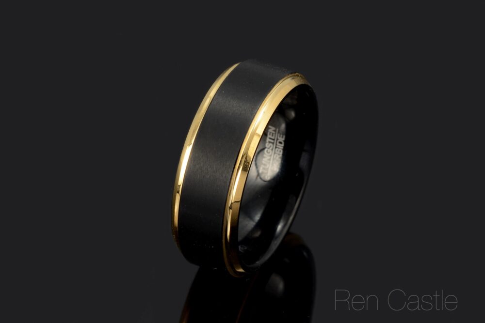 Two Tone Tungsten Wedding Band Brushed Black & Gold, 8mm