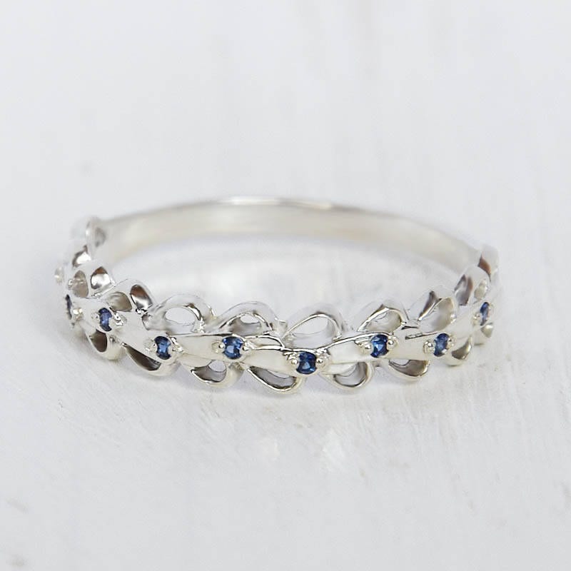 Unique Wedding Band, Sapphire Silver Band Ring, Blue Stone Women Ring For Her