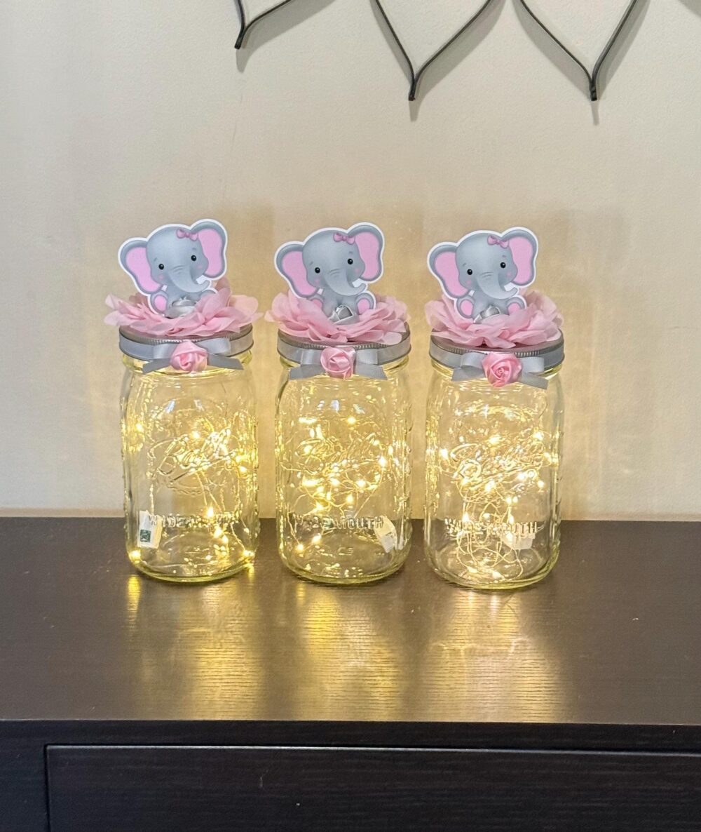 Elephant Baby Shower Centerpieces Mason Jar Decoration With Fairy Lights Set Of 3 Girl Table