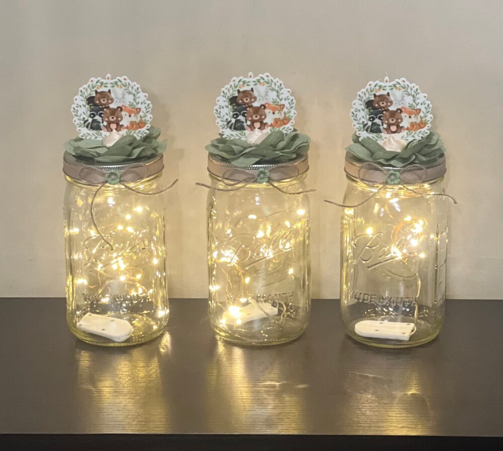 Woodland Baby Shower Centerpieces Mason Jar Decoration With Fairy Lights Set Of 3 Forest Animals Table