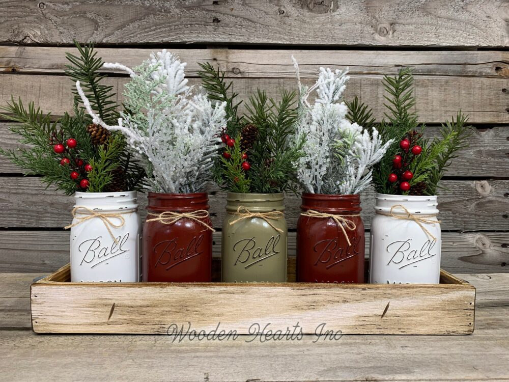 Mason Jar Centerpieces Christmas Holiday Tray With 5 Jars, Holiday Wood Tray, Christmas Gift, Kitchen Table Decor, Centerpiece, Gift