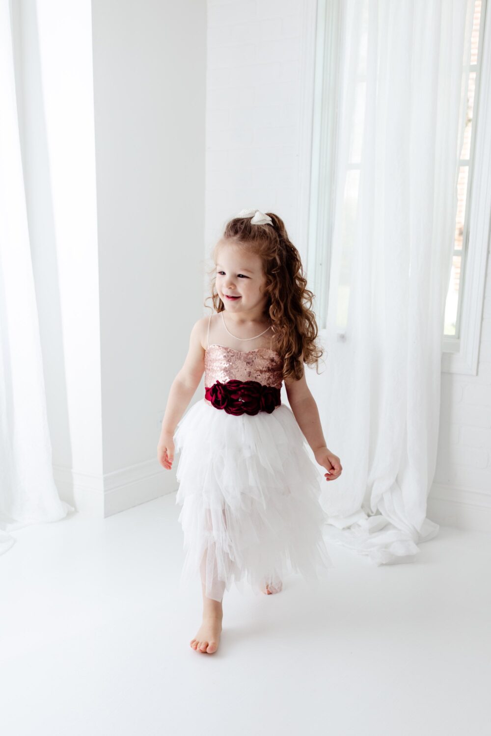 Boho Rose Gold Flower Girl Dress, White Tulle Wedding Baby Princess Dress