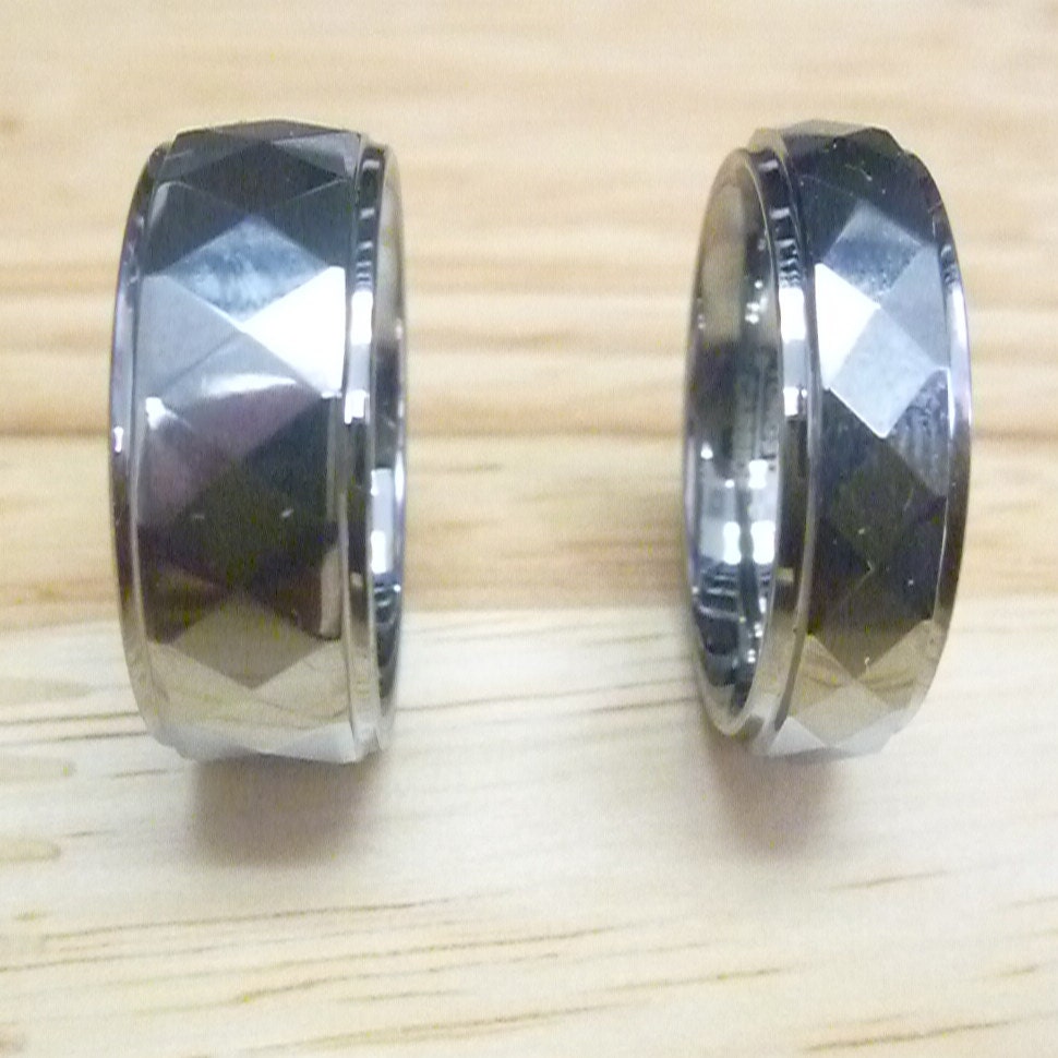 Custom Engraved Tungsten Carbide Wedding Band Set Facet Cut Rings