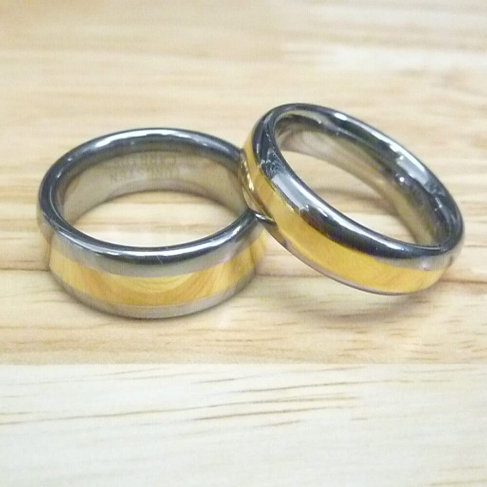 Custom Engraved Tungsten Wedding Band Set Gold Plated Center