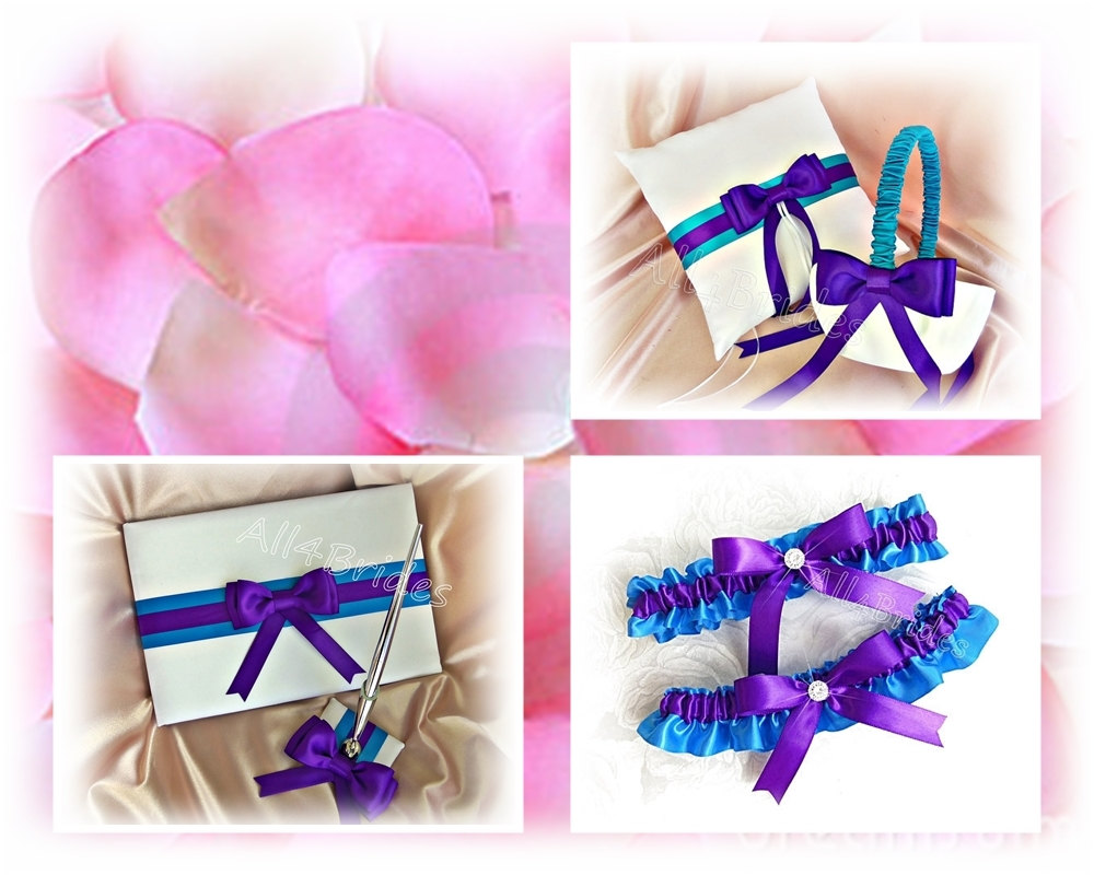 Purple & Turquoise Wedding Set, Ring Pillow, Basket, Garter, Guest Book