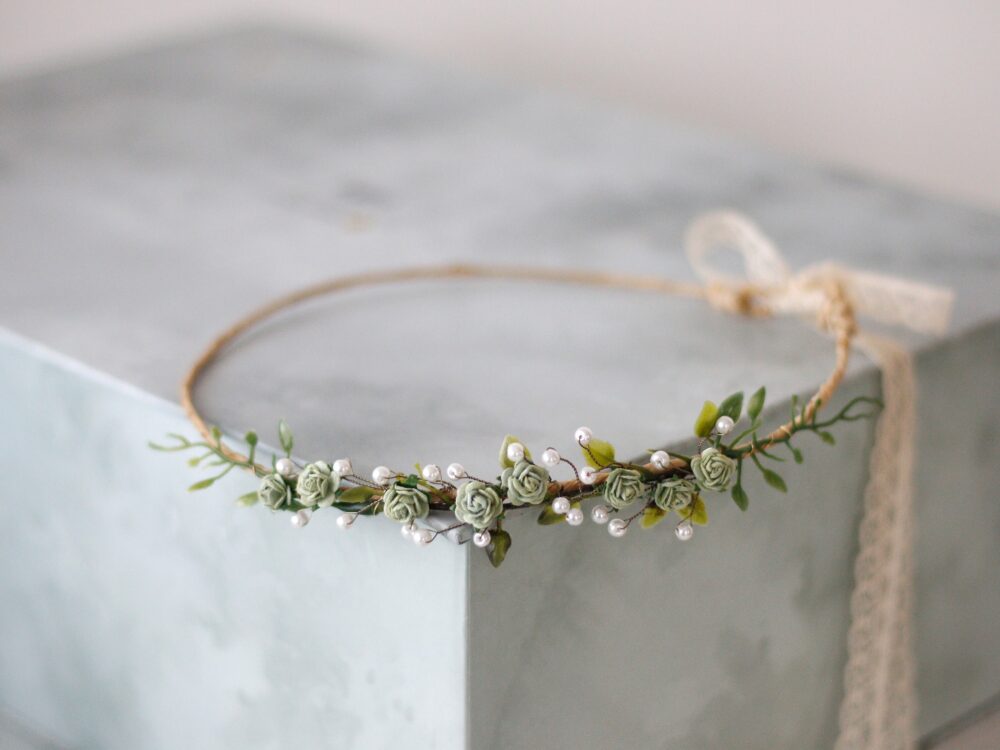 Dainty Green Floral Crown Wedding Flower Girl Headband