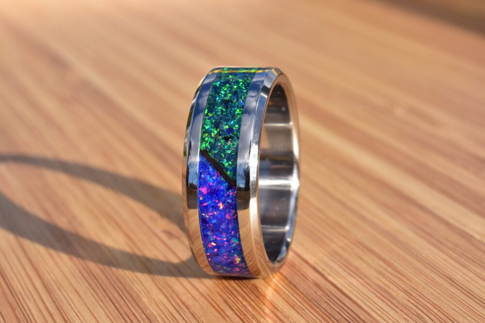 Wedding Ring, Stainless Steel Ring With Crushed Starry Night & Dark Green Opals