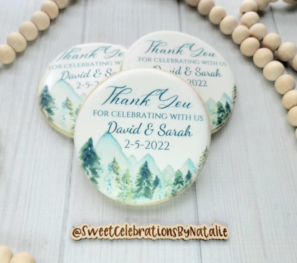 Evergreen & Mountian Wedding Cookies Custom Printed Cookie Favor
