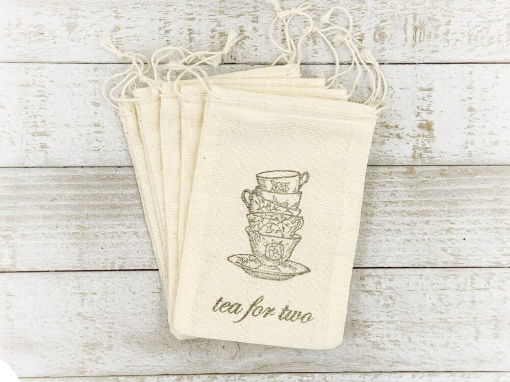 Favor Bags For Wedding, Shower, Or Party - Hand Stamped Cotton Favor Bags Tea Two, Vintage Teacups, Tea Party Favors, Gift Guests