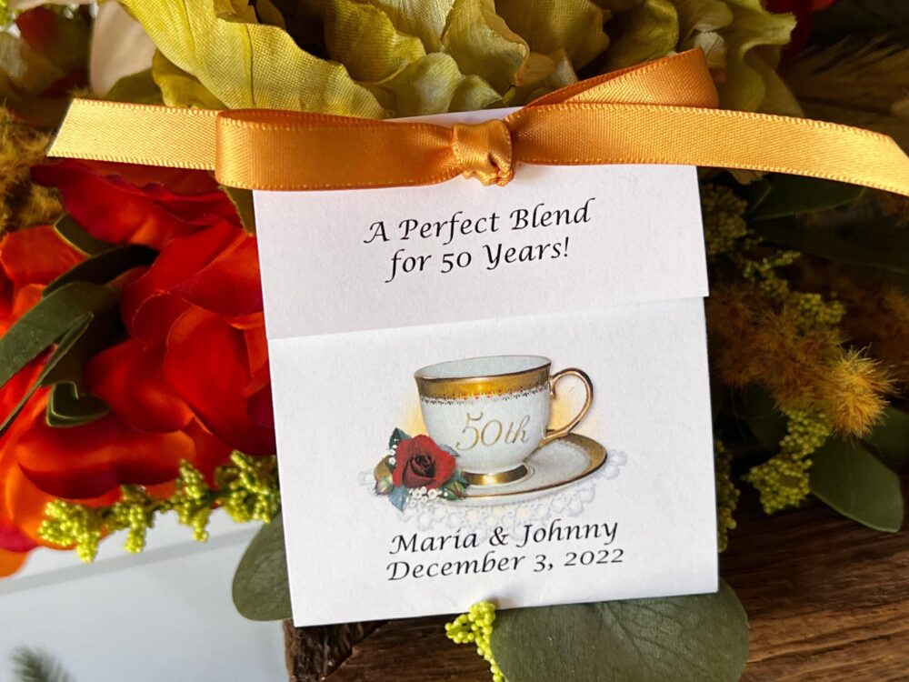A Perfect Blend For 50 Years | 50Th Wedding Anniversary Tea Favors Golden Teacup Design Bag Packets