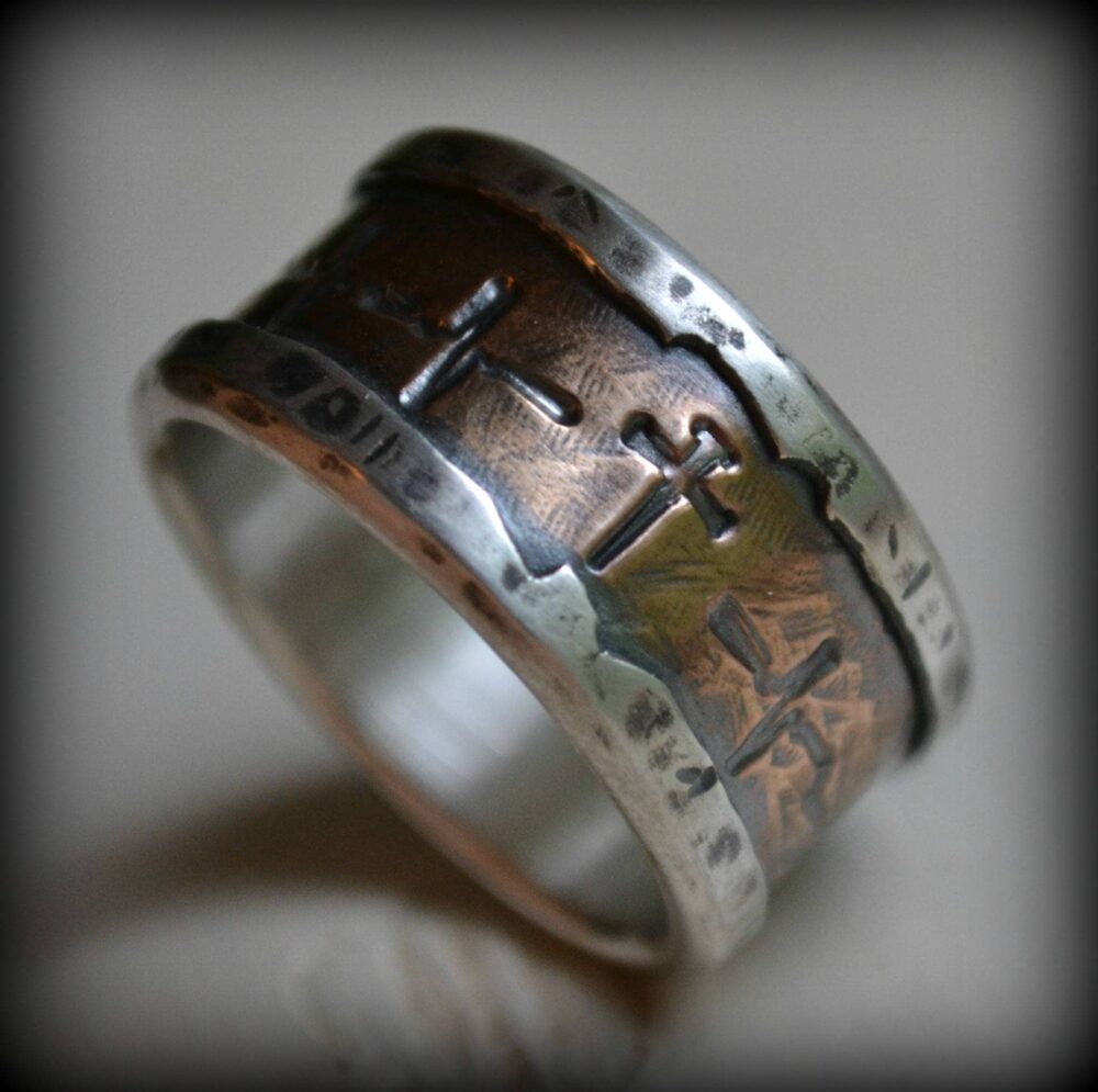 Mens Wedding Band - Rustic Fine Silver & 14K Rose Gold, Ekg Cross, Handmade Hammered Artisan Designed Wide Ring Manly Custom