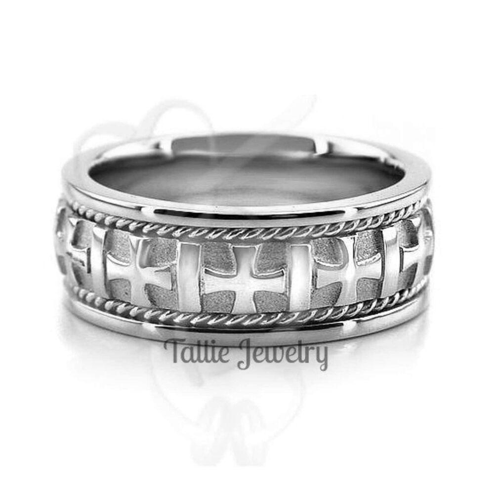 Braided Mens Wedding Band, Handmade Cross Design Ring, 8mm 10K 14K 18K Solid White Gold Bands