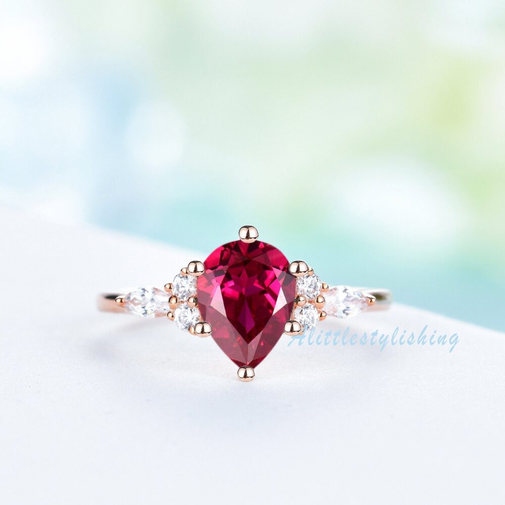 Ruby Engagement Ring Rose Gold Vintage For Woman Moissanite Pear Shape 3 Stone Marquise Wedding Band 10K/14K