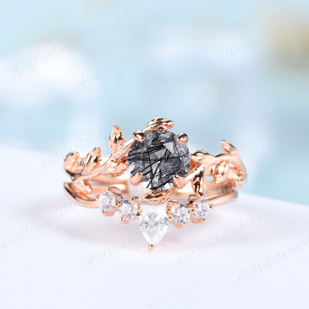 Black Quartz Rutilated Engagement Ring Set, Vintage Rings For Women, Rose Gold Moissanite Curve Wedding Band, Unique Bridal Set