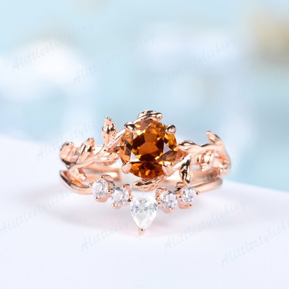 Citrine Engagement Ring Set, Vintage Wedding Unique Rose Gold Antique Leaf Stacking Rings For Women, Promise Set