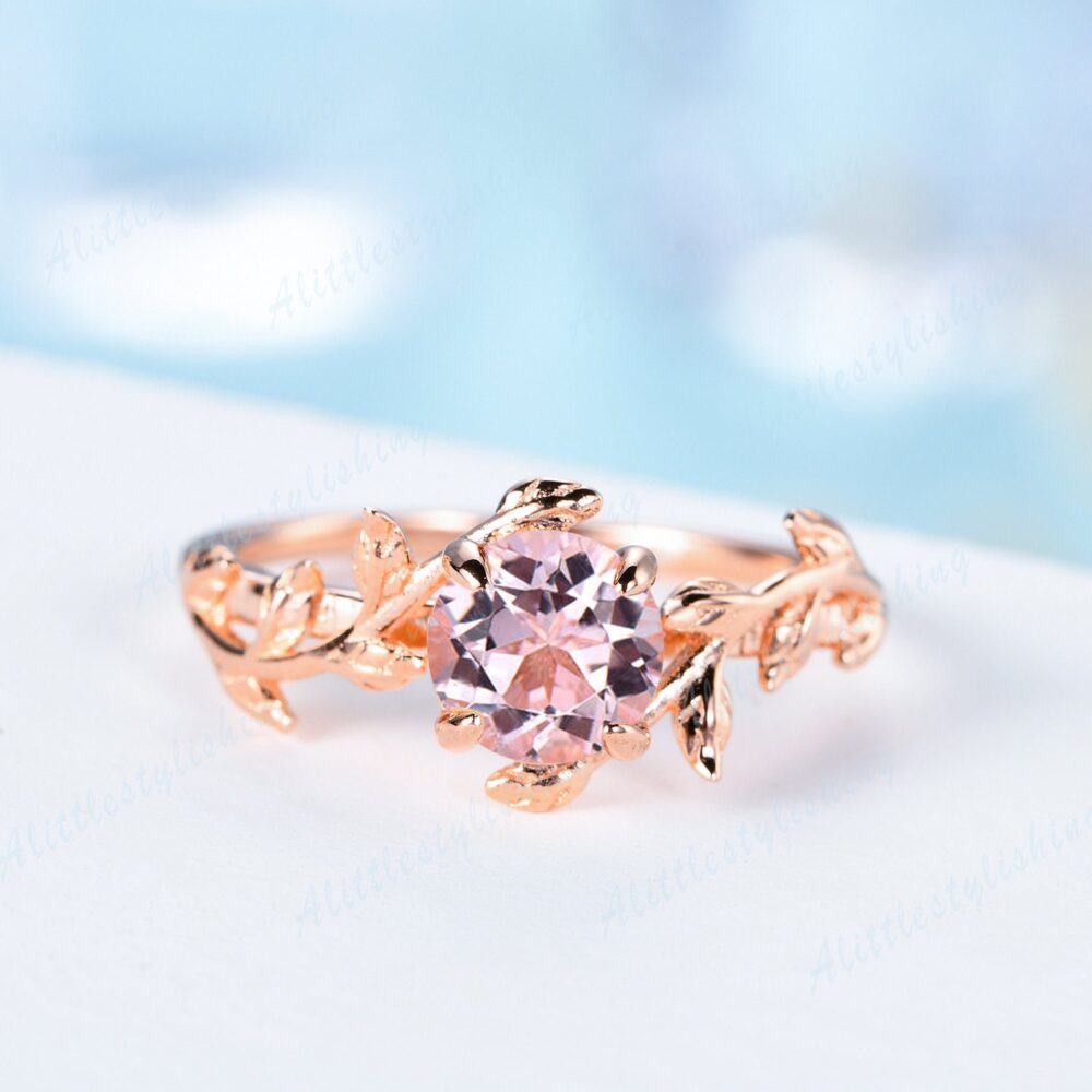 Vintage Pink Morganite Engagement Ring Unique Rose Gold Pear Cut Stack Matching Band Branch Nature Inspired