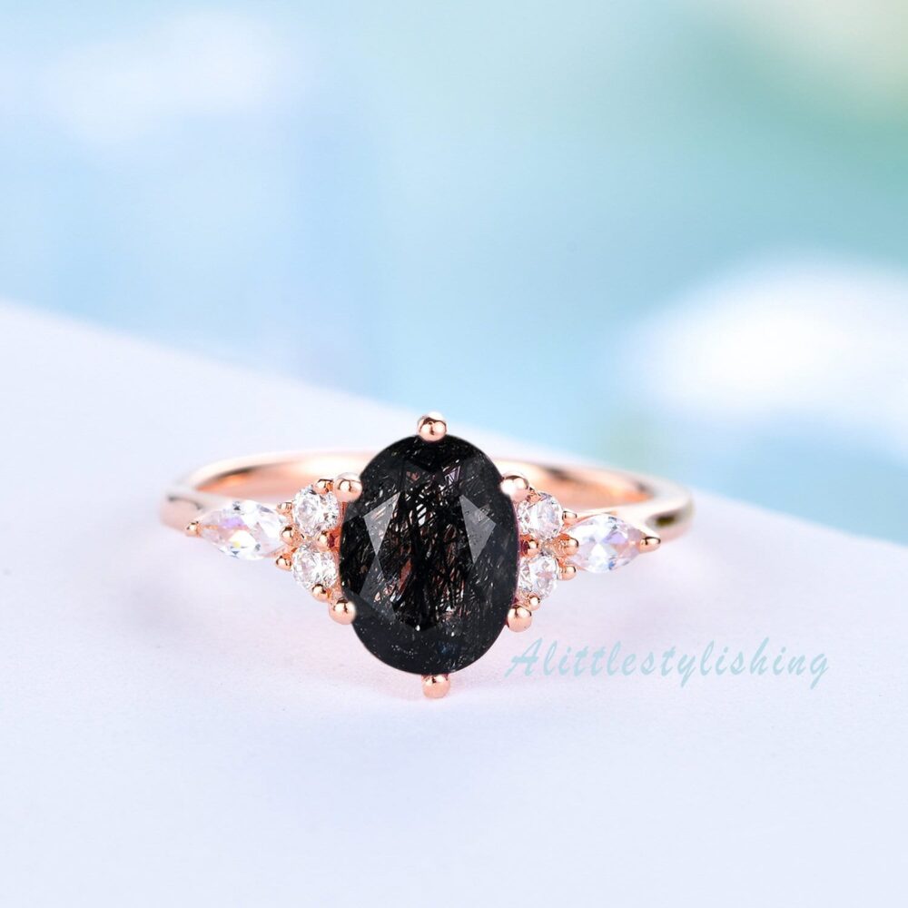 Black Quartz Rutilated Engagement Ring Vintage Woman Art Deco Marquise Moissanite Unique Dainty Bridal Promise Jewelry