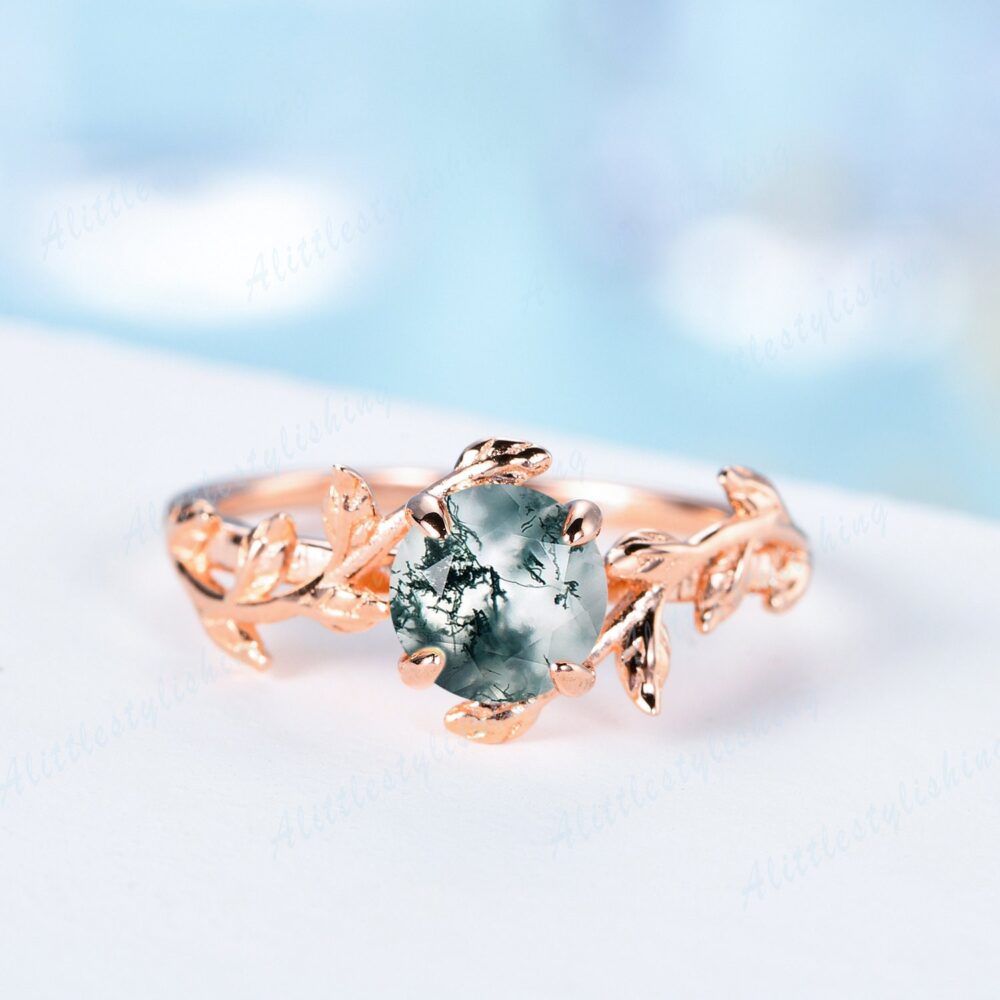 Rose Gold Moss Agate Engagement Ring Unique Leaf Branch Wedding Vintage For Woman Antique Promise Anniversary Gift