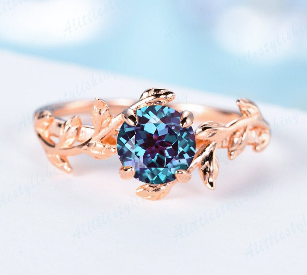 Twig Vine Branch Nature Inspired Round Alexandrite Engagement Ring Rose Flower Floral Leaf Unique June Birthstone Gifts For Her