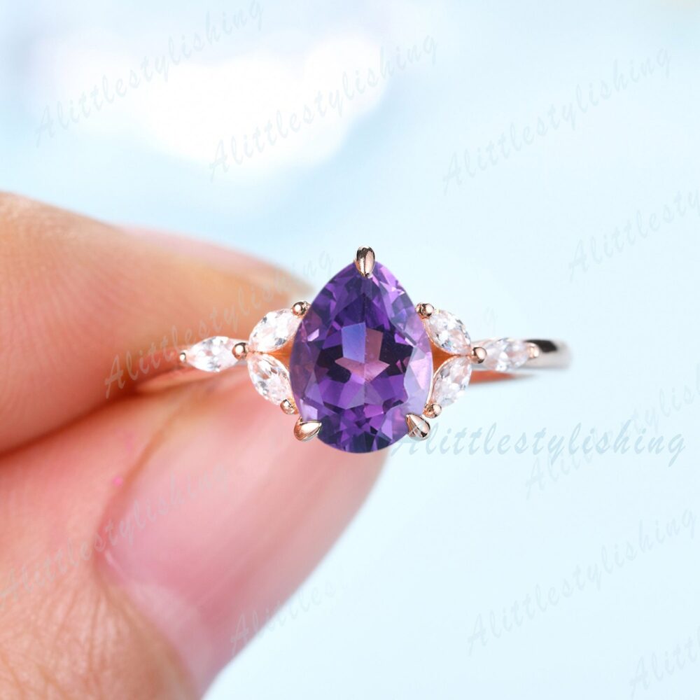 Rose Gold Dainty Pear Purple Amethyst Engagement Ring Art Deco Vintage Moissanite Woman Promise Anniversary