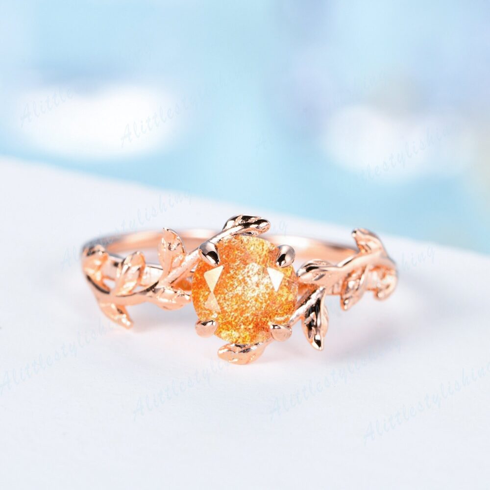 African Sunstone Engagement Ring, Vintage Rose Gold Unique Branch Leaf Wedding Antique Promise Anniversary Ring Jewelry
