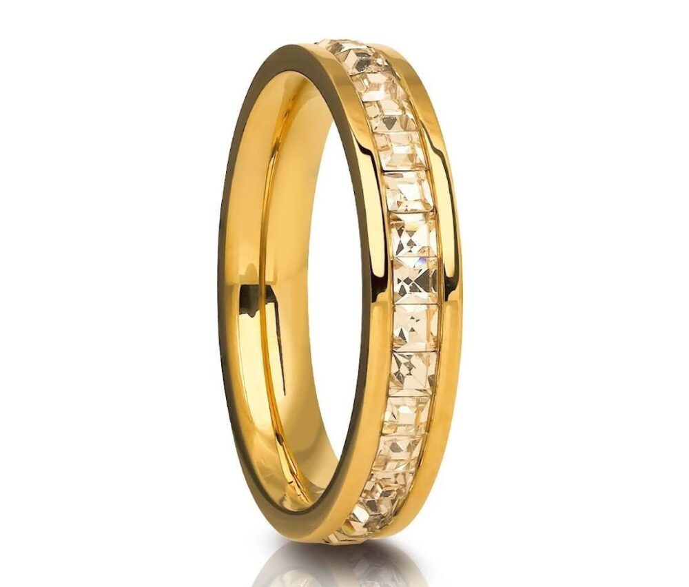 4mm Wedding Ring, Eternity Ring, Titanium Band, Anniversary Ring, Engagement Ring, Ladies Titanium Ring, Cz Ring, 18K Yellow Gold