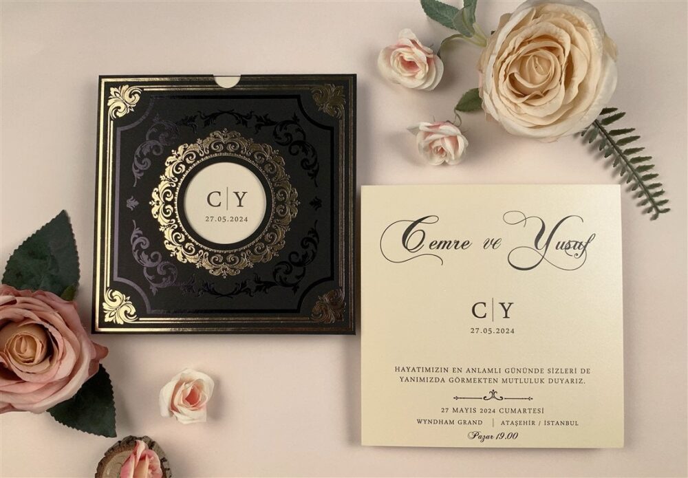 Black & Gold Foil Wedding Invitation, Luxury Lacquer Design, Elegant Personalized Formal Invite