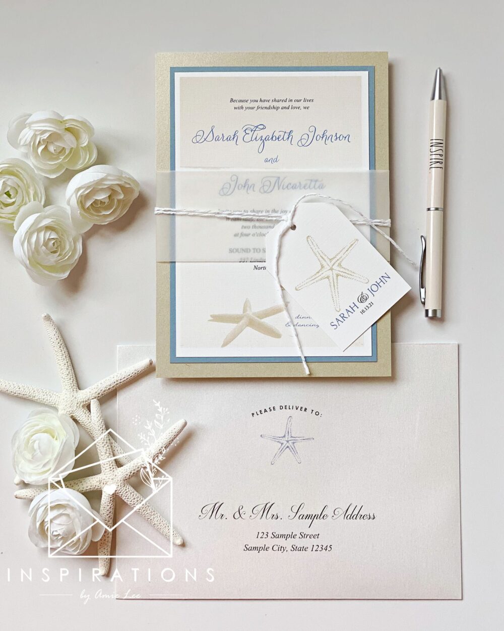 Elegant Beach Wedding Invitations, Palm Trees, Dusty Blue Island Wedding, Classic Beach, Tropical Invitations