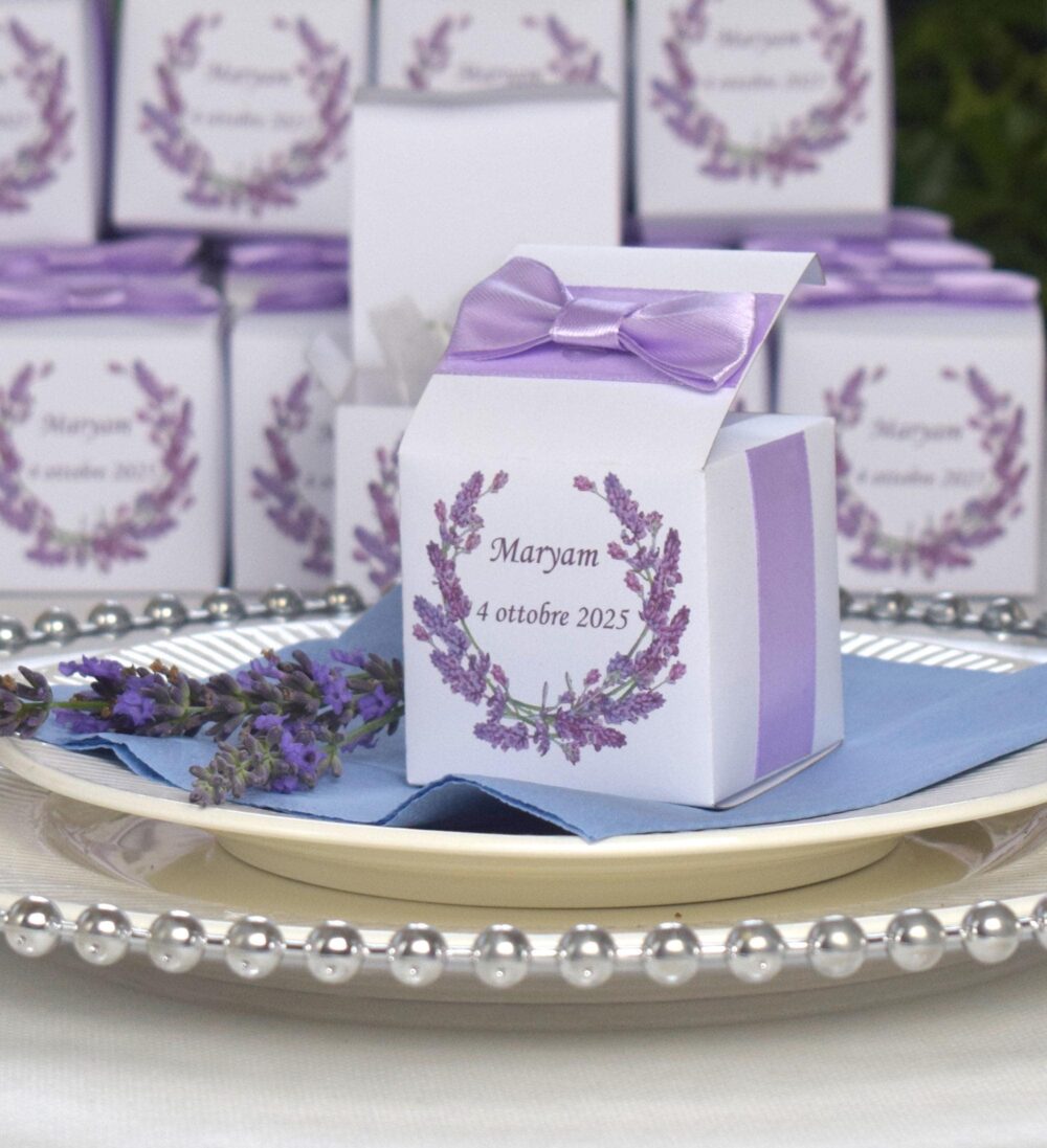 Personalized Lavender Wedding Favor Boxes With Satin Ribbon