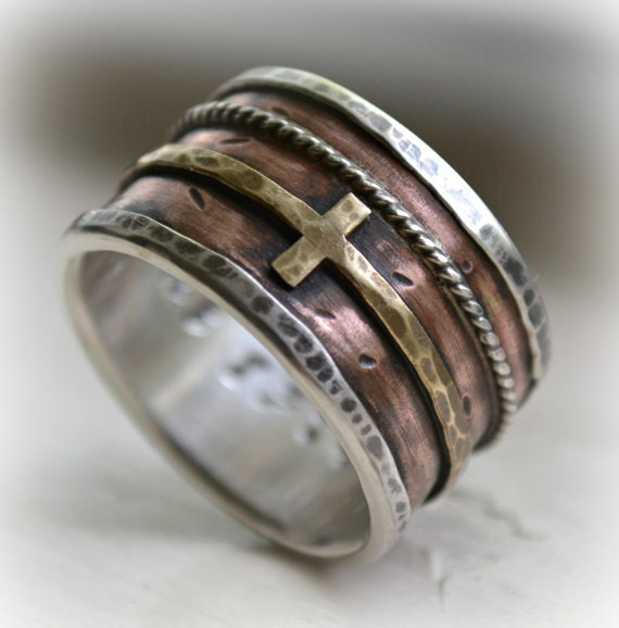 Mens Wedding Band - Rustic Fine Silver 14K Rose & Yellow Gold Cross Ring, Handmade Artisan Designed Wide Manly Custom