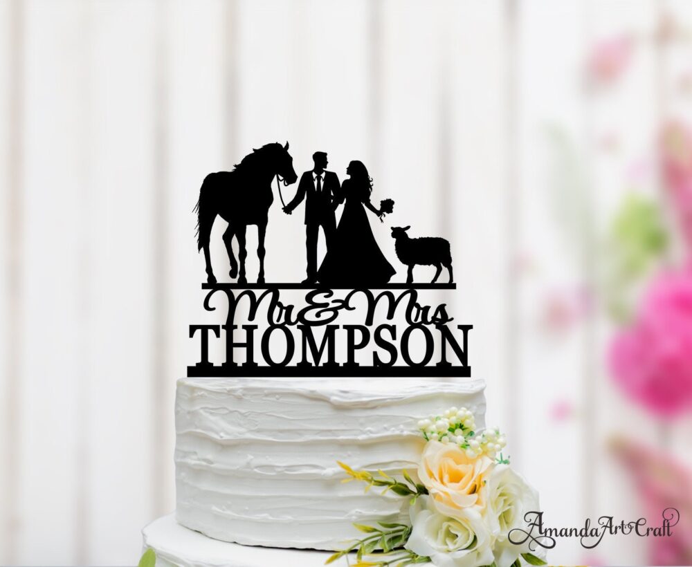 Wedding Cake Topper With Horse & Sheep, Farmer Topper, Bride Groom Custom 060
