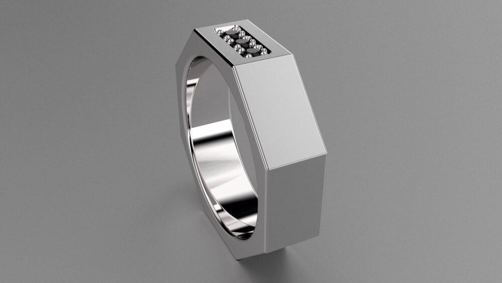 Black Diamond Silver 6mm Brushed Mens Wedding Band, Octagon Sterling Ring With 3 Diamonds, Mechanic Nut & Bolt