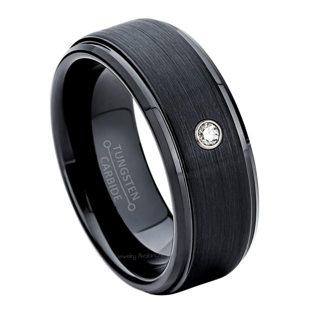 Mens Diamond Band, 8mm Black Tungsten Carbide Ring, Wedding Band For Men, Ring With Round Diamond, Anniversary