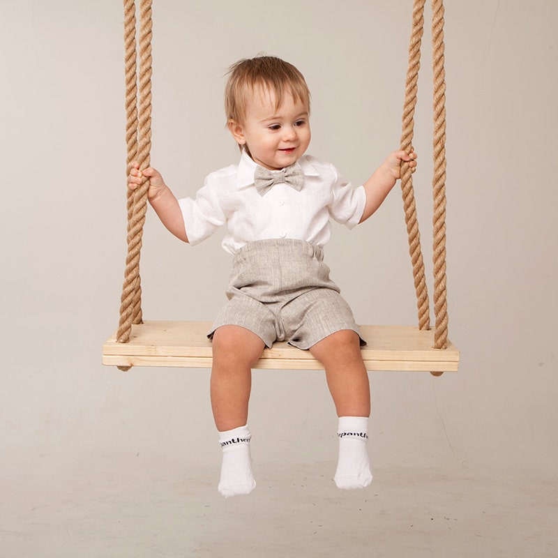 Baby Boy Tan Linen Outfit, Rustic Ring Bearer Suit, Shorts, Shirt, Bow Tie