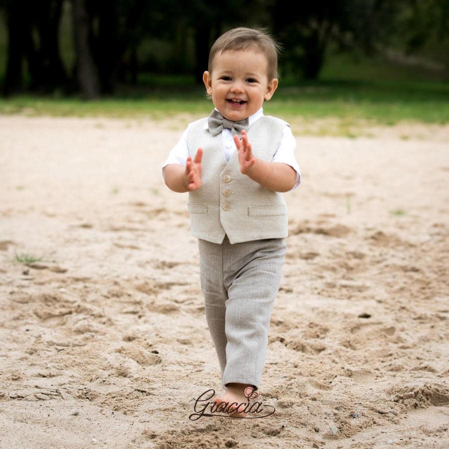 Baby Boy Linen Outfit, Toddler Vest Pants Shirt Bow Tie, Rustic Wedding Page Natural Suit Ring Bearer Tan Outfits