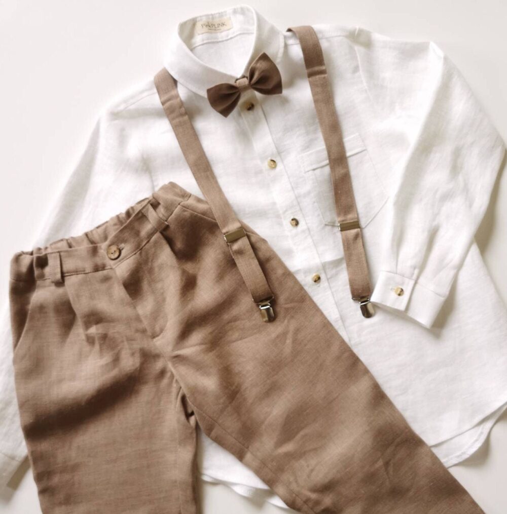 Boys Linen Pants With Suspenders & Bow Tie - Baptism, Ring Bearer, Wedding Outfit | Christening Suit, 2-15Y 32 Colors
