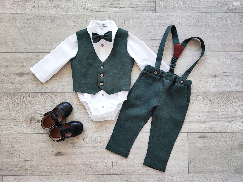 Baby Boys Dark Green Outfits, Page Boy Vest, Pants, Shirt, Ring Bearer Suit
