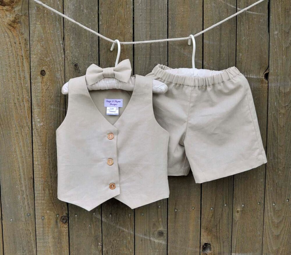 Ring Bearer Suit, Boys Linen Shorts Or Pants Outfit With Vest & Bowtie in Many Colors, Beach Weddings, Photos, Dedications