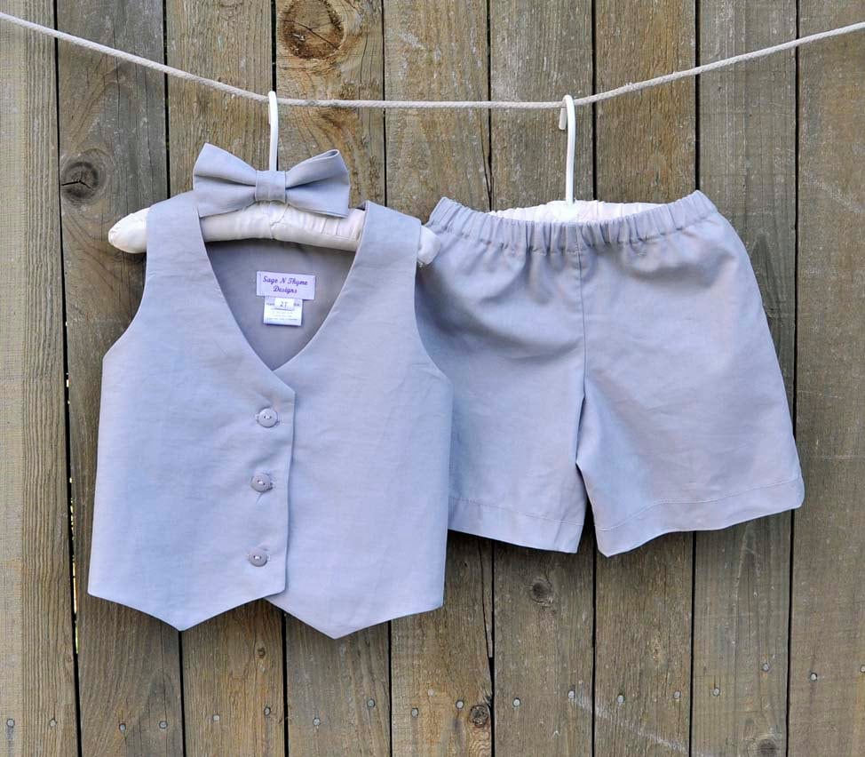 Gray Linen Shorts, Vest & Bowtie Ring Bearer Suit, Shorts Or Pants Outfit With Bow Tie in Many Colors For Weddings Photos