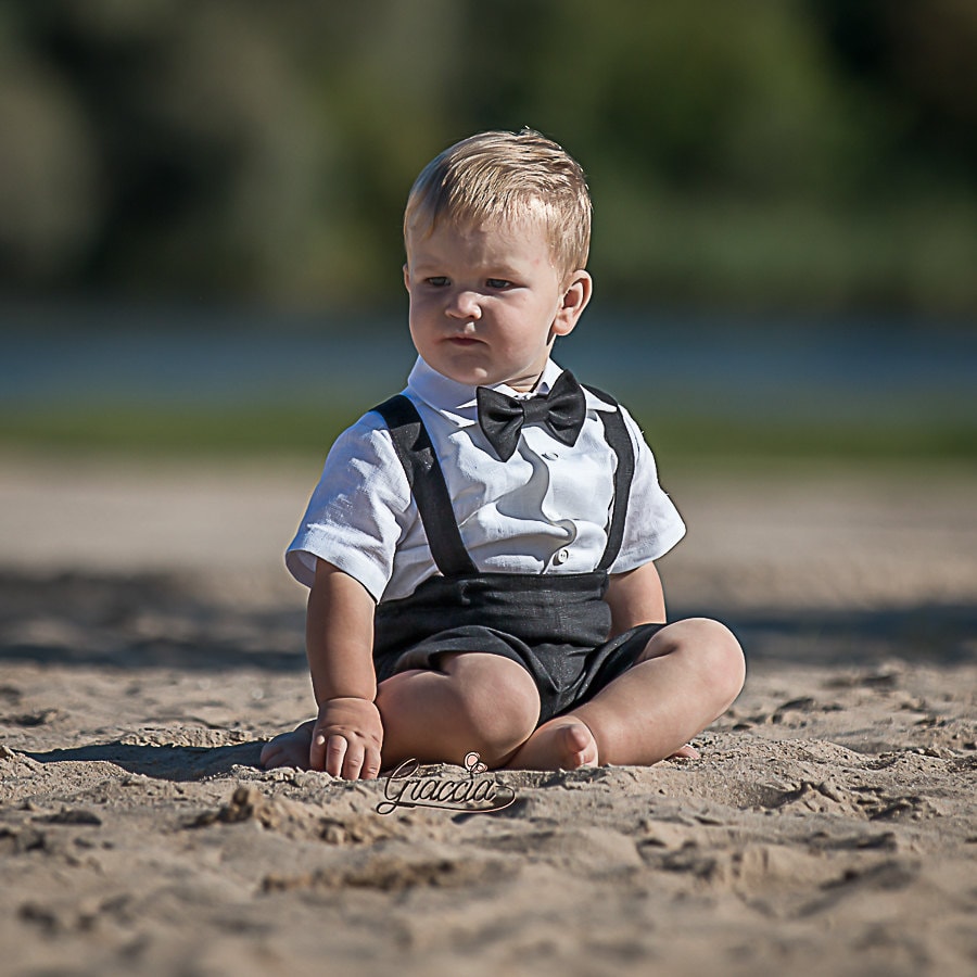 Baby Boy Black Linen Suit, Toddler Suspenders Shorts Outfit, Boy White Shirt, Wedding Ring Bearer Suit