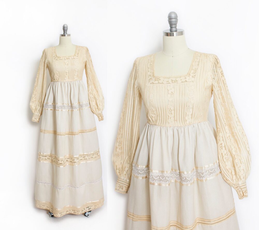 1960S Maxi Dress Boho Lace Wedding Gown Beige S