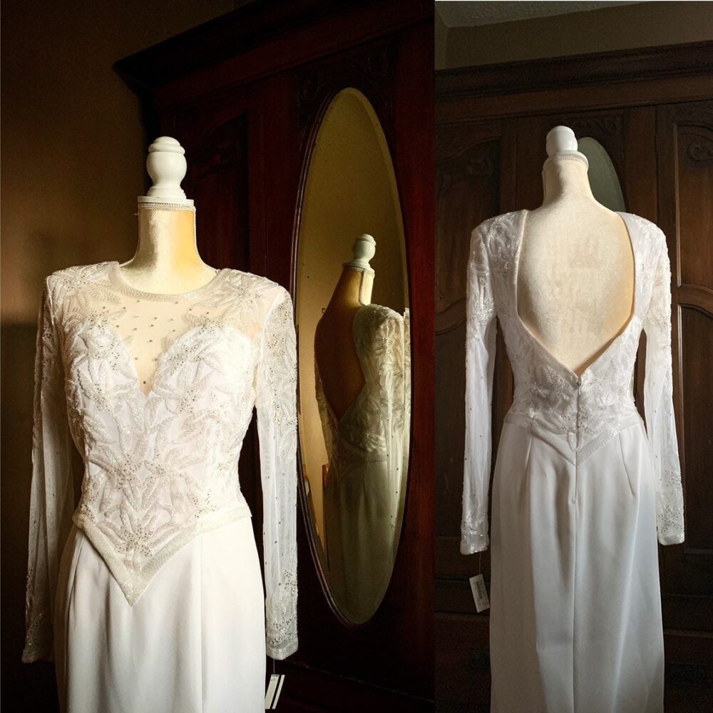 80S White Beaded Dress, Vintage Wedding Flapper Style Low Back Gown, Size 8 Dress