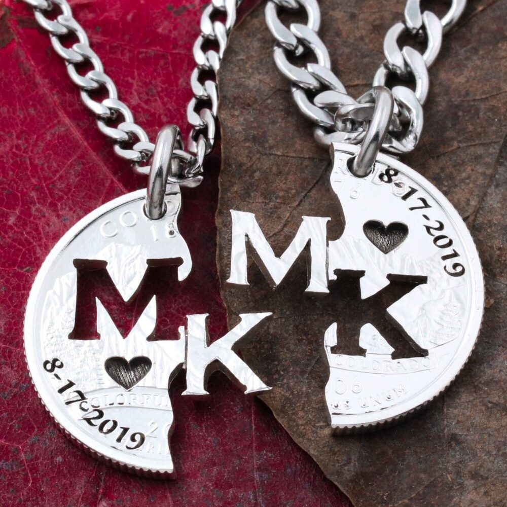 Silver Wedding Couples Necklaces Custom Initials & Date, State Quarter