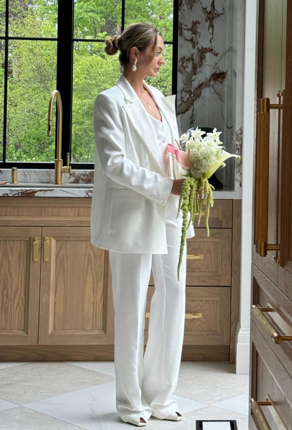 White Satin Bridal Pantsuit 3-Piece Women's Wedding Suit