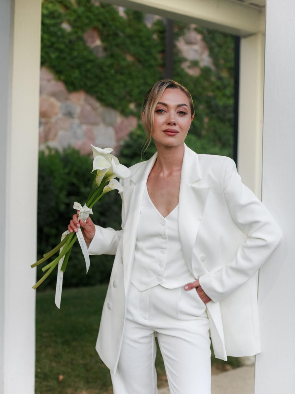 White Satin Pantsuit 3-Piece Women's Bridal Suit - Sorento